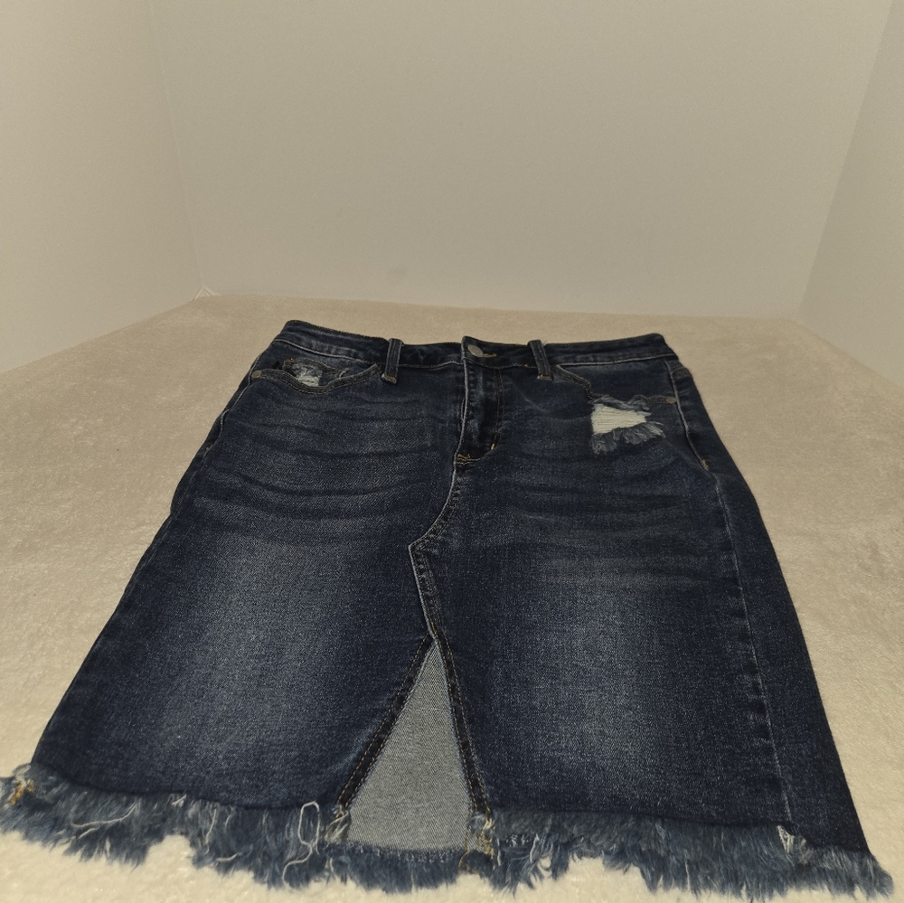 Judy Blue Classic Blue Denim Skirt with Distressed Details